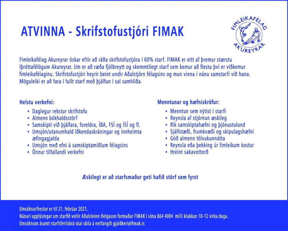 ATVINNA -  Skrifstofustjóri FIMAK