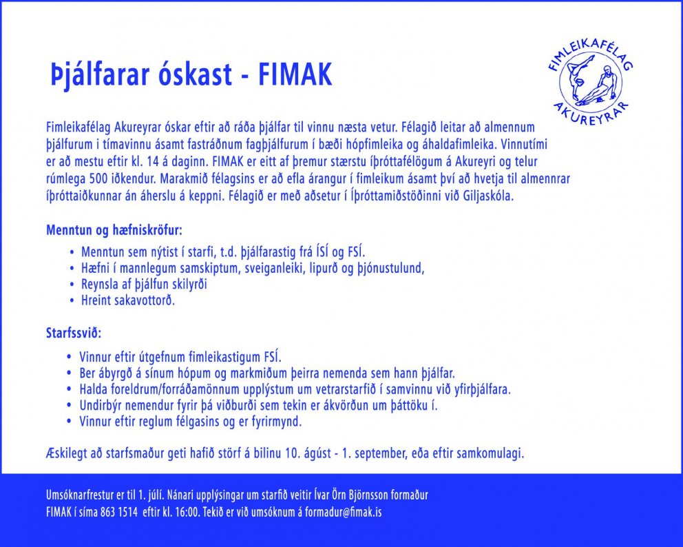 Þjálfarar óskast til starfa veturinn 2020-2021